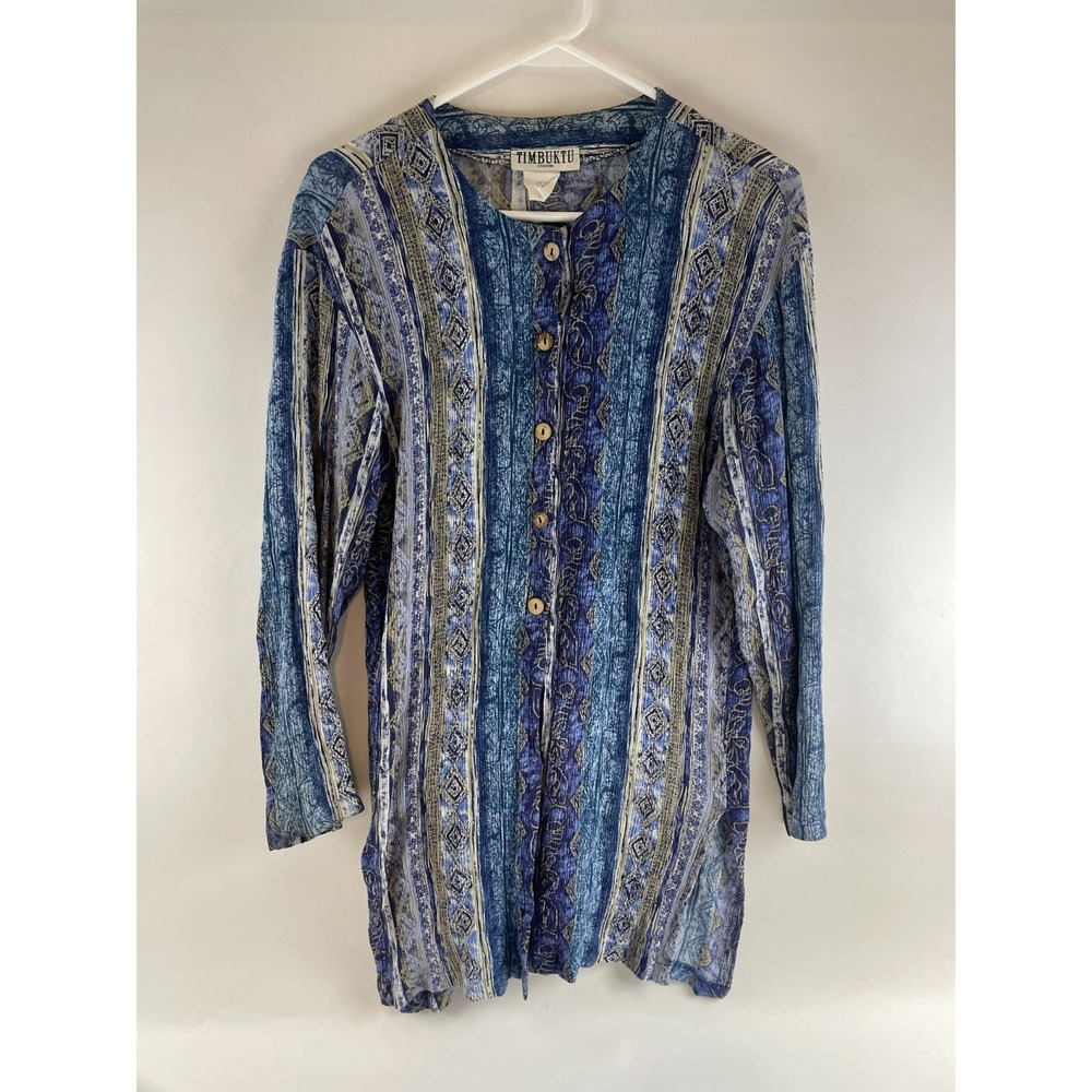 Timbuktu Blouse Women's Size 1 Blue Tan Tunic Long Sleeve Aztec Stripe Button Up